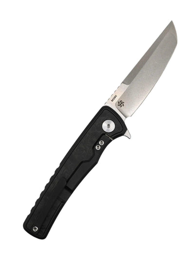 Mechforce Kilby Collab Integral Frame Lock Flipper Knife 3.375" M390 Stonewashed Japanese Tanto Blade, Black PVD Integral Titanium Handle with Black Dunes FatCarbon Inlays - NORTH RIVER OUTDOORS
