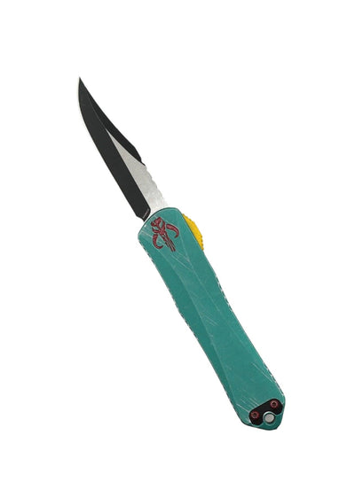 Heretic Knives Manticore E Bounty Hunter OTF CPM-MagnaCut Two-Tone Battle Black Bowie Plain Blade w/ Distressed Green Aluminum Handle with CamoCarbon - NORTH RIVER OUTDOORS