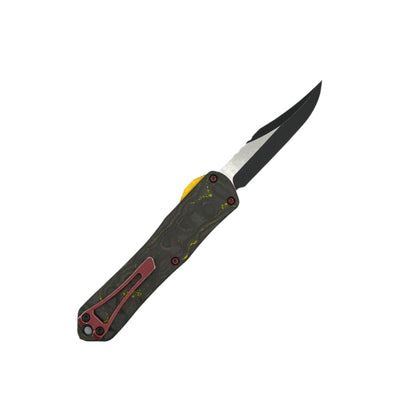 Heretic Knives Manticore E Bounty Hunter OTF CPM-MagnaCut Two-Tone Battle Black Bowie Plain Blade w/ Distressed Green Aluminum Handle with CamoCarbon - NORTH RIVER OUTDOORS