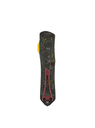 Heretic Knives Manticore E Bounty Hunter OTF CPM-MagnaCut Two-Tone Battle Black Bowie Plain Blade w/ Distressed Green Aluminum Handle with CamoCarbon - NORTH RIVER OUTDOORS