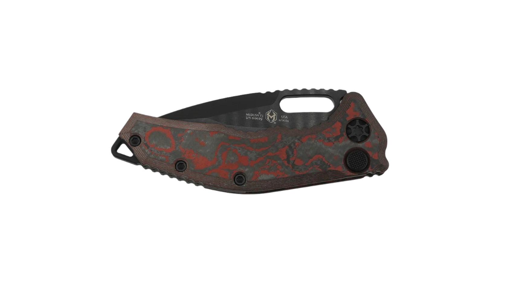 Heretic Knives Medusa Auto Folding Knife CPM-MagnaCut Black DLC Tanto Blade w/ Red Camo Carbon Handles - NORTH RIVER OUTDOORS
