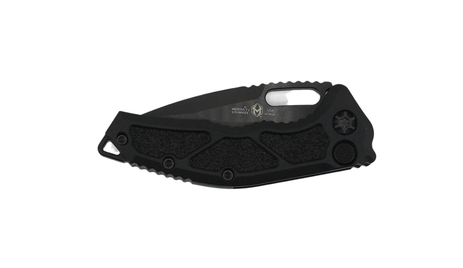 Heretic Knives Medusa Tactical Auto Folding Knife CPM-MagnaCut Black DLC Tanto Blade, Black Aluminum Handles with Black Traction Inlays - NORTH RIVER OUTDOORS