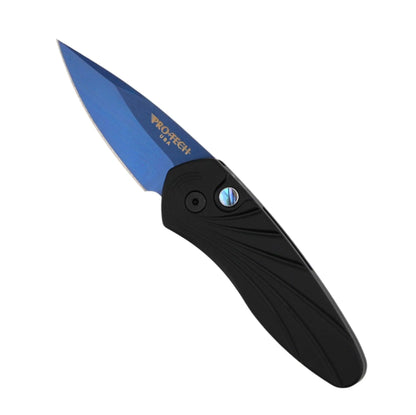 Pro-Tech 2937-SB Sprint AUTO Folding Knife 1.95" CPM-S35VN Sapphire Blue DLC Plain Blade w/ Black Milled Aluminum Handles & Abalone Button - NORTH RIVER OUTDOORS
