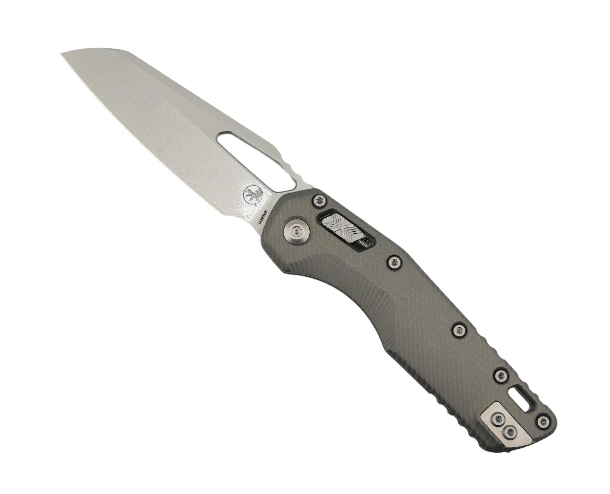 Microtech MSI RAM-LOK S/E Manual Folding Knife 3.88" M390MK Stonewashed Modified Sheepsfoot Plain Blade w/ Natural Clear Fluted Aluminum Handles - 210-10FLNC - NORTH RIVER OUTDOORS
