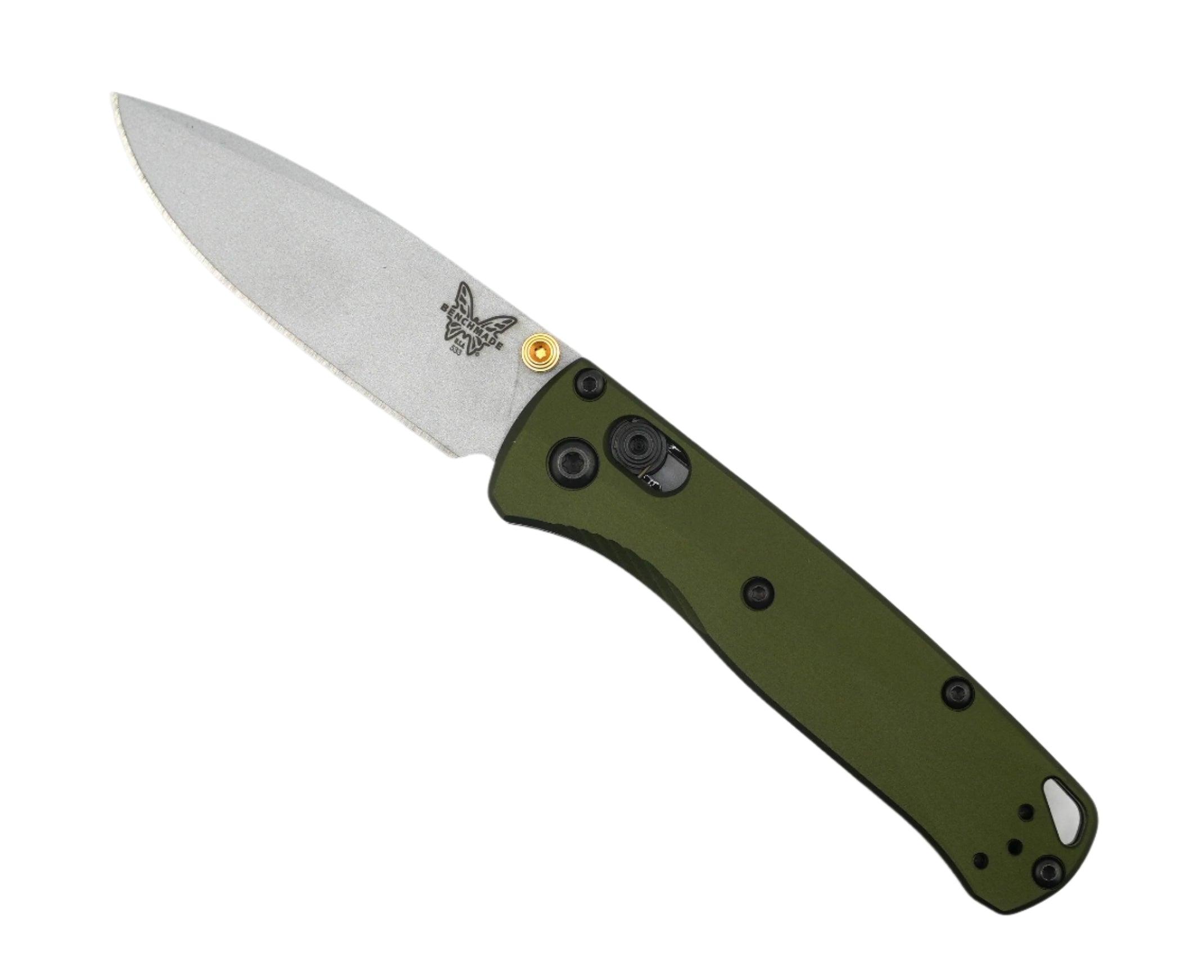 Benchmade 533SL-10 Seasonal Mini Bugout Folding Knife 2.82" S90V Crushed Silver Cerakote Plain Blade w/ Woodland Green Aluminum Handles - NORTH RIVER OUTDOORS