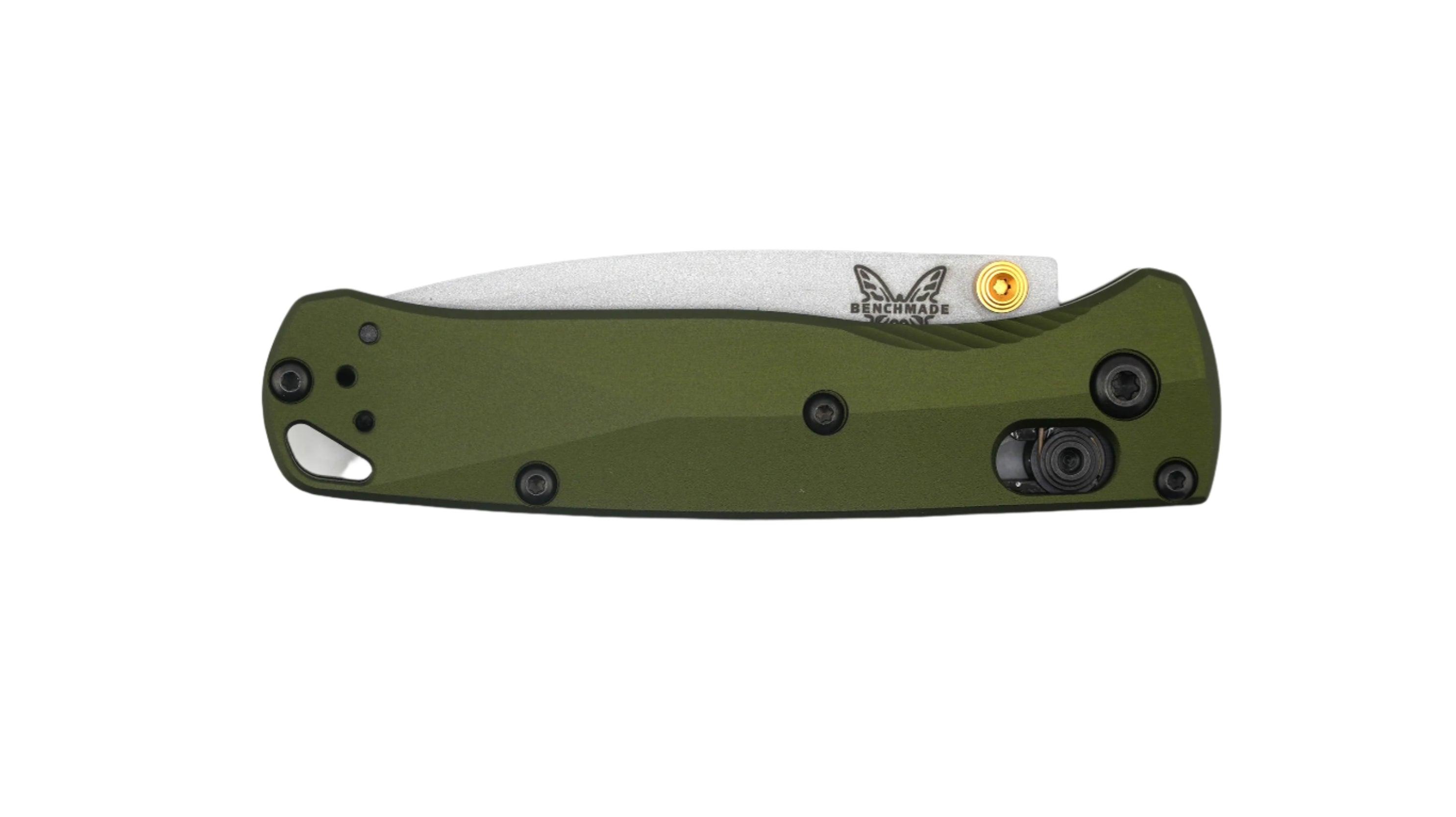 Benchmade 533SL-10 Seasonal Mini Bugout Folding Knife 2.82" S90V Crushed Silver Cerakote Plain Blade w/ Woodland Green Aluminum Handles - NORTH RIVER OUTDOORS
