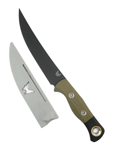 Benchmade 4050BK-01 Meatcrafter Kitchen Fixed Blade 6.08" CPM-154 Black DLC Trailing Point Blade w/ Bolstered OD Green and Black G10 Handles - NORTH RIVER OUTDOORS