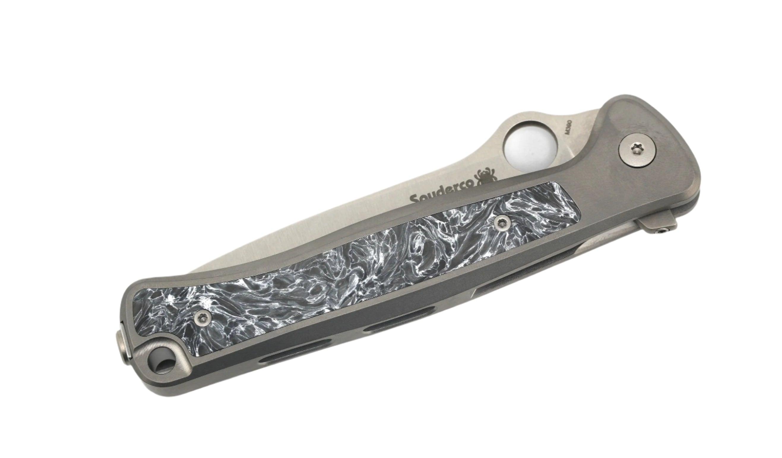 Spyderco/LionSTEEL Michele Pensato Slym Frame Lock Flipper Knife 3.42" M390 Stonewashed Titanium Handles Polar Dark Matter Fat Carbon Inlay - NORTH RIVER OUTDOORS