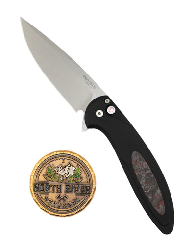 Protech Cambria 2 Red Black handle Red TechnoCarbo Inlay & Black Lip Pear button inlay - NORTH RIVER OUTDOORS