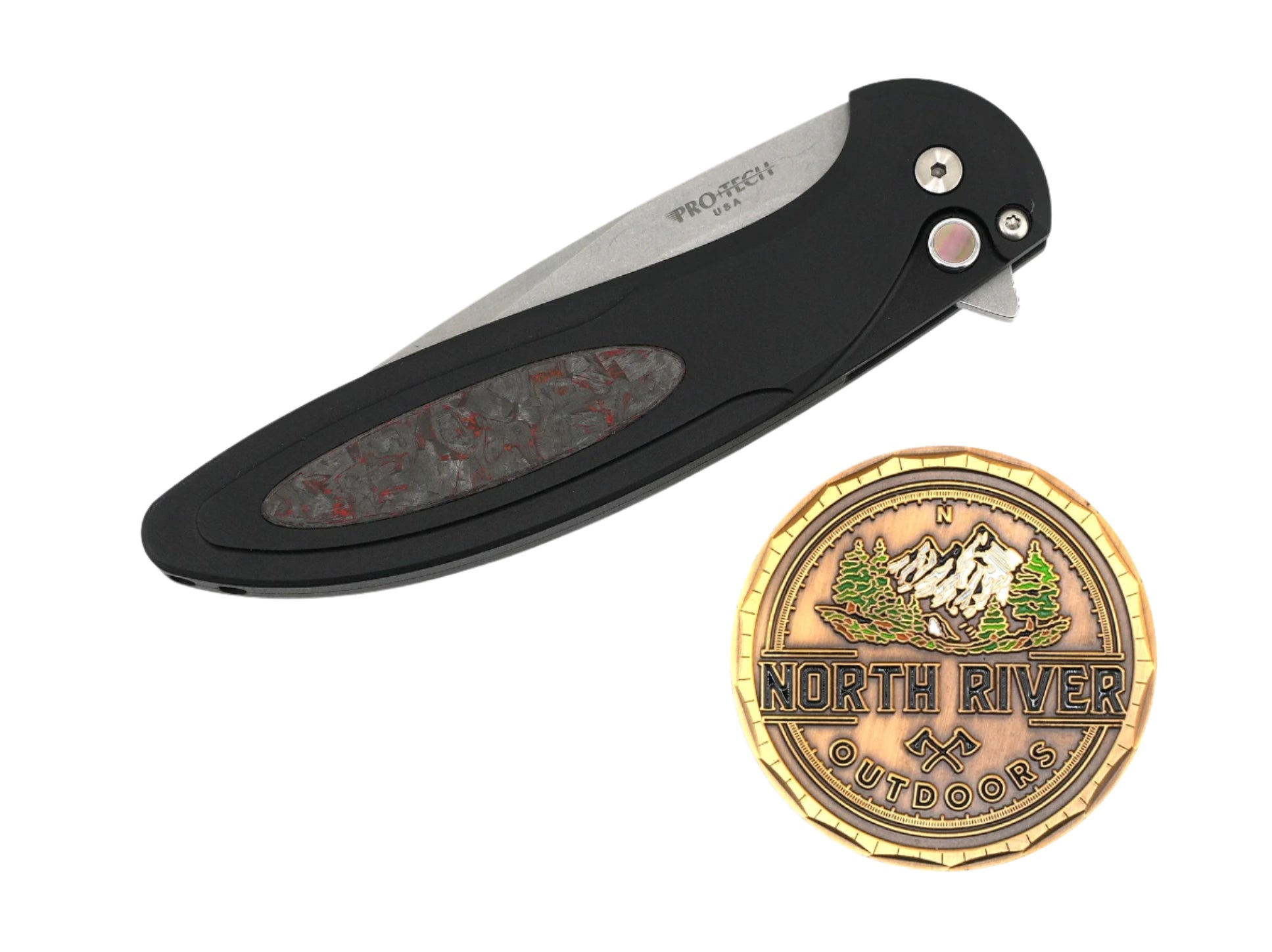 Protech Cambria 2 Red Black handle Red TechnoCarbo Inlay & Black Lip Pear button inlay - NORTH RIVER OUTDOORS
