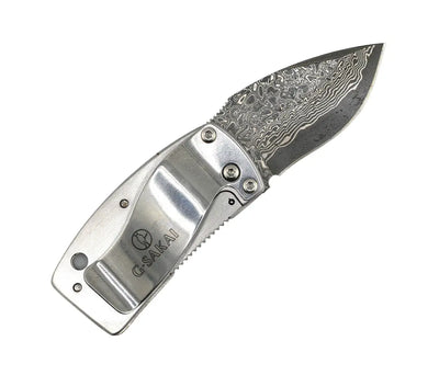 G. Sakai Ukimon Camellia Damascus Drop Point Money Clip Folding Knife (Japan)