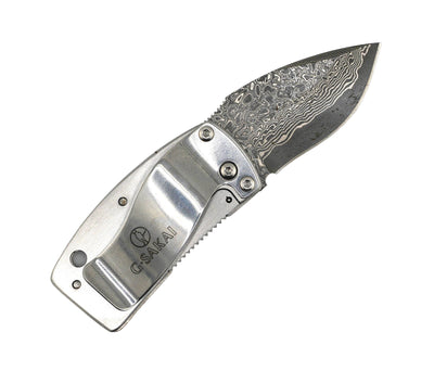 G. Sakai Ukimon Camellia Damascus Drop Point Money Clip Folding Knife (Japan)