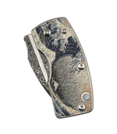 G. Sakai Ukimon Great Wave Damascus Drop Point Money Clip Folding Knife (Japan)