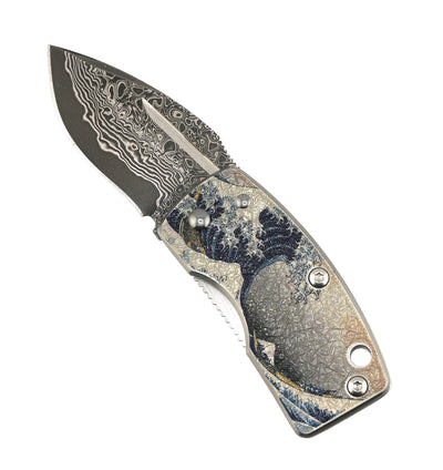 G. Sakai Ukimon Great Wave Damascus Drop Point Money Clip Folding Knife (Japan)