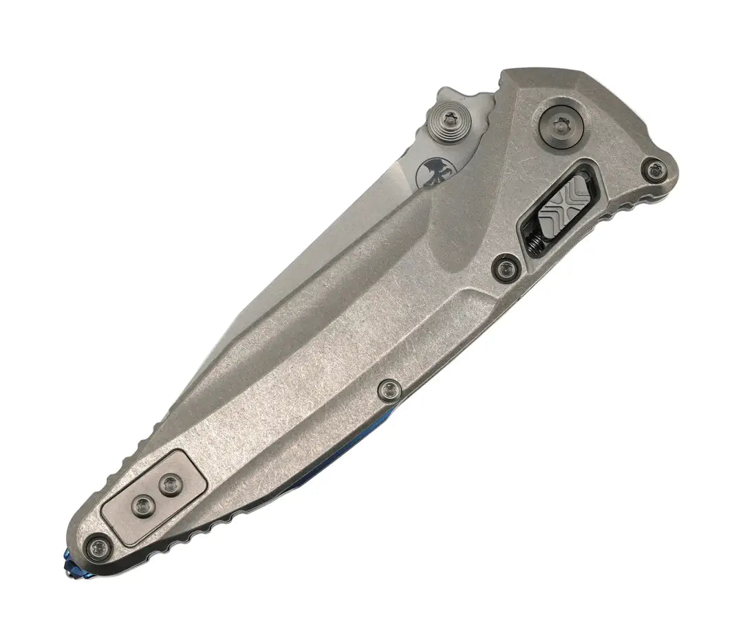 Microtech 159RL-10SMS3 Marfione Select Socom Delta RAM-LOK Folding Knife 4" M390MK Stonewashed Blade Contoured Titanium Handles Blue Ti Accents Reversible Clip