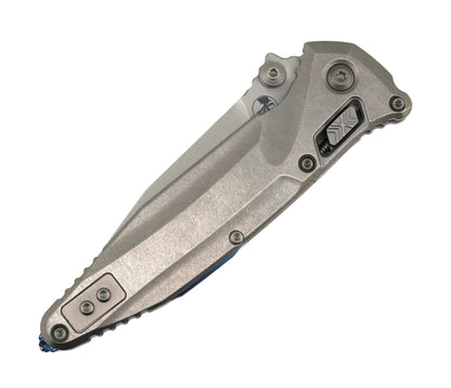 Microtech 159RL-10SMS3 Marfione Select Socom Delta RAM-LOK Folding Knife 4" M390MK Stonewashed Blade Contoured Titanium Handles Blue Ti Accents Reversible Clip