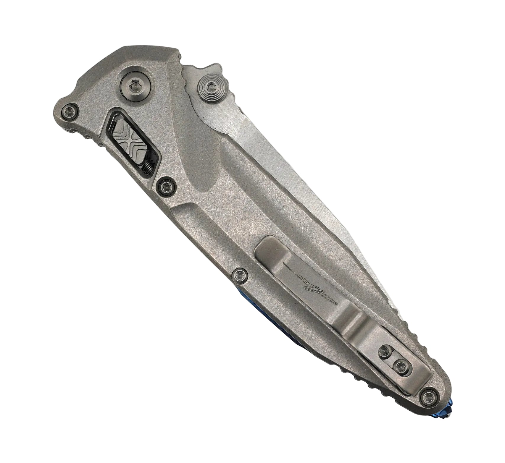 Microtech 159RL-10SMS3 Marfione Select Socom Delta RAM-LOK Folding Knife 4" M390MK Stonewashed Blade Contoured Titanium Handles Blue Ti Accents Reversible Clip