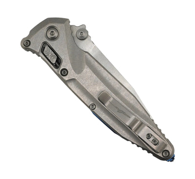 Microtech 159RL-10SMS3 Marfione Select Socom Delta RAM-LOK Folding Knife 4" M390MK Stonewashed Blade Contoured Titanium Handles Blue Ti Accents Reversible Clip