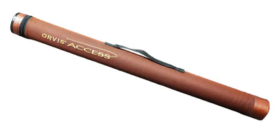 Brown fishing rod tube with 'Orvis Access' branding on a white background