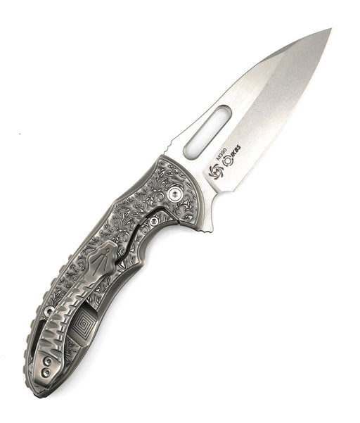 Mechforce Rick Lala Collab Sentry Folding Knife Scroll Pattern Titanium Handle M390 from NORTH RIVER OUTDOORS