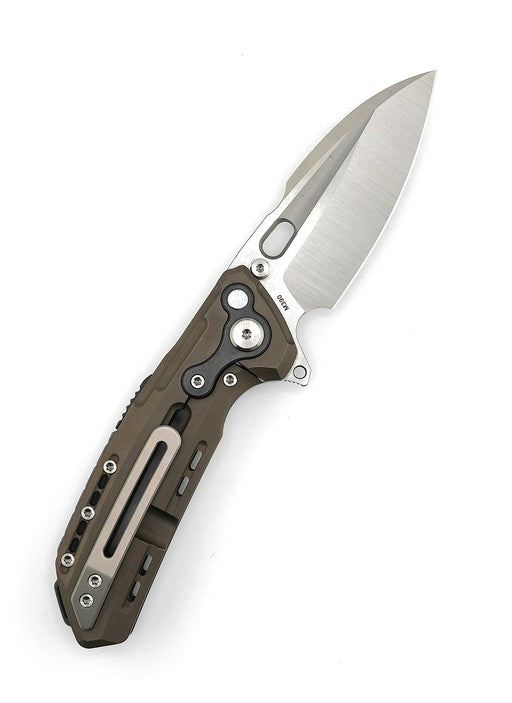 Custom Reate T6000 Frame Lock Flipper Knife 3.1" M390 Belt Satin Drop Point Bead Blasted Titanium Handles Zirconium Drab Brown Anodized from NORTH RIVER OUTDOORS