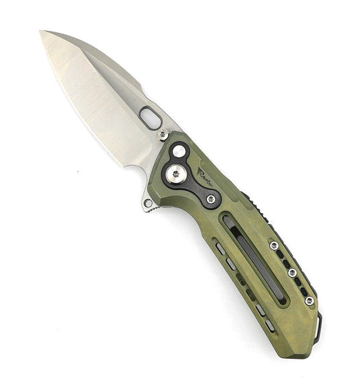 Custom Reate T6000 Frame Lock Flipper Knife 3.1" M390 Belt Satin Drop Point Bead Blasted Titanium Handles Zirconium OD Green Anodized from NORTH RIVER OUTDOORS