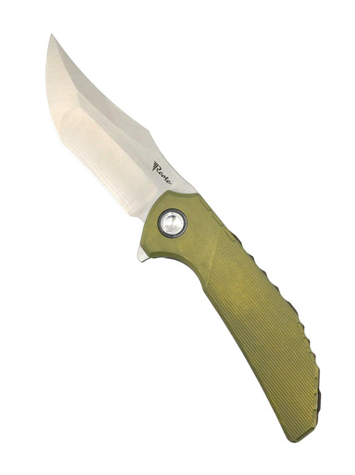 Custom Reate Knives Tiger Liner Lock Flipper 3.75" M390 Satin Compound Recurve Tanto Blade, Bead Blasted Stripe Pattern Milled Titanium Handles OD Green Anodization from NORTH RIVER OUTDOORS