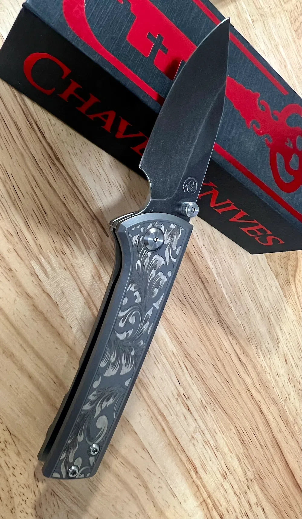Custom Chaves Scapegoat Street Frame Lock Knife Bohler M390 Etch Stonewash Blade Deep Engraved Ti Handles (3.50")