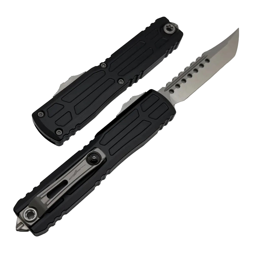 Two black folding knives on a white background