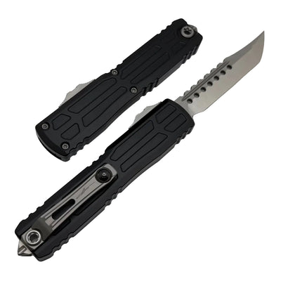 Two black folding knives on a white background