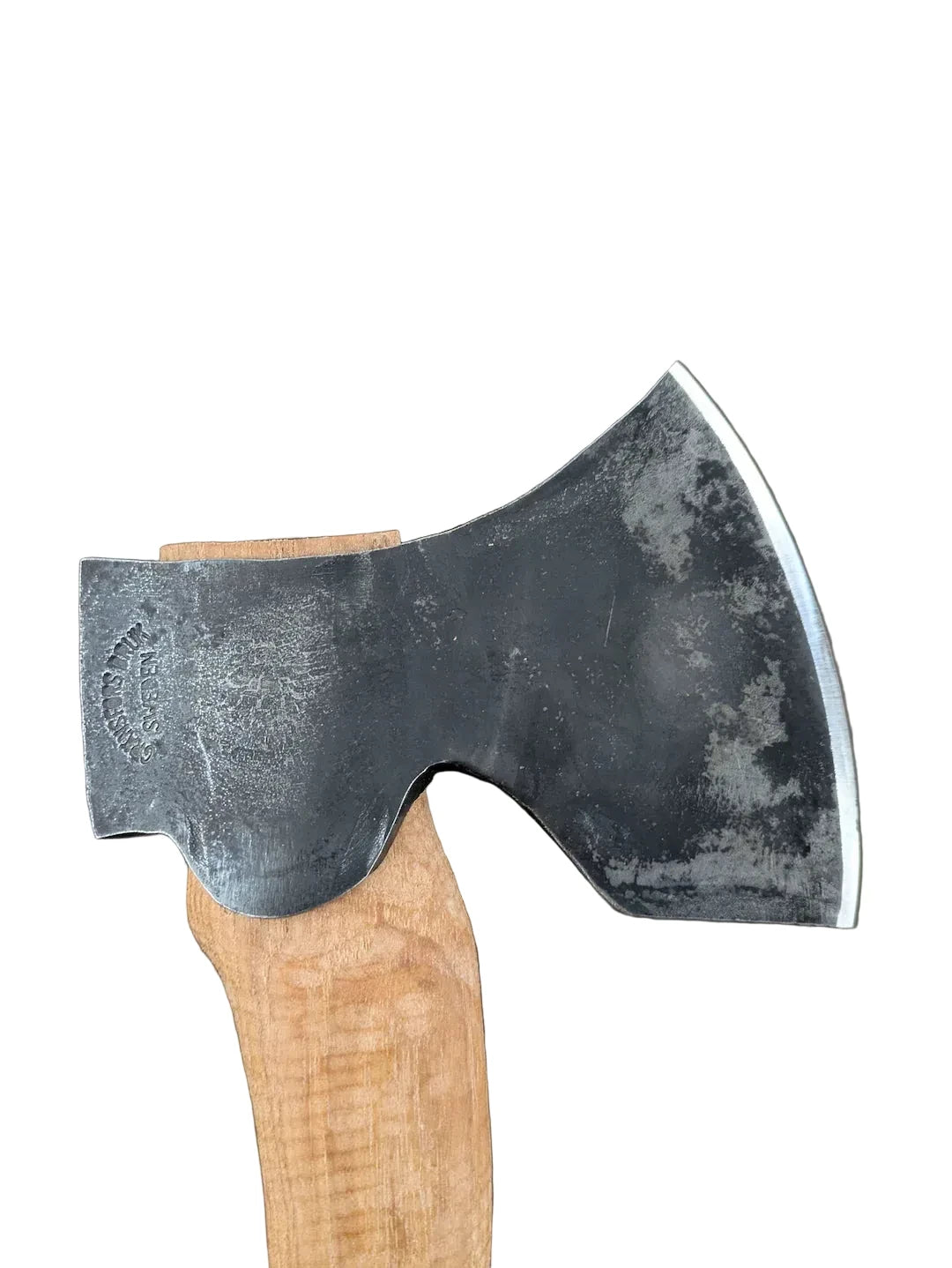 Wooden-handled axe with a metallic blade on a dark background