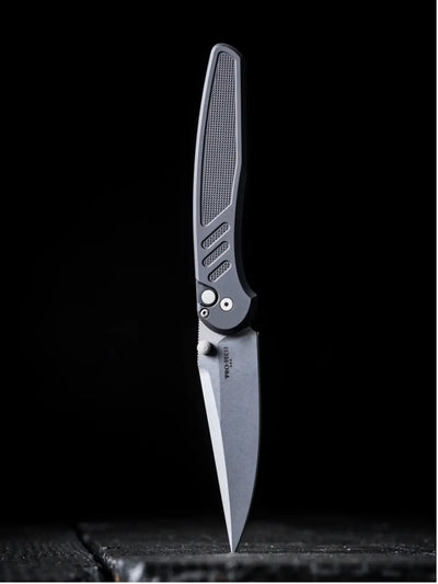 Pro-Tech Avalon Button Lock Knife Knurled Black Alluminum Handles (4.25" Stonewash MagnaCut)