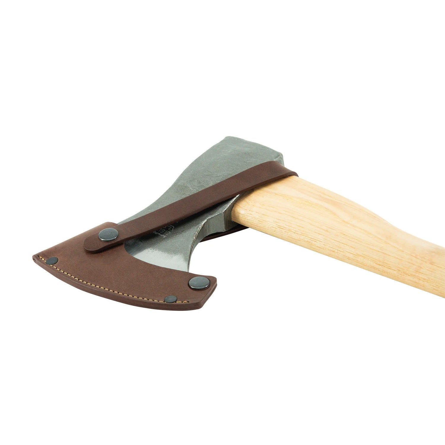Wooden-handled axe with leather sheath on a white background
