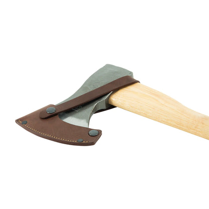 Wooden-handled axe with leather sheath on a white background