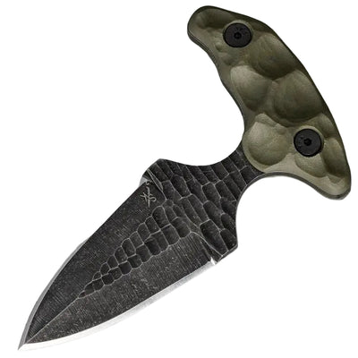 Folding knife with green handle and black blade on a wooden surface, SHARP Knives brand visible.