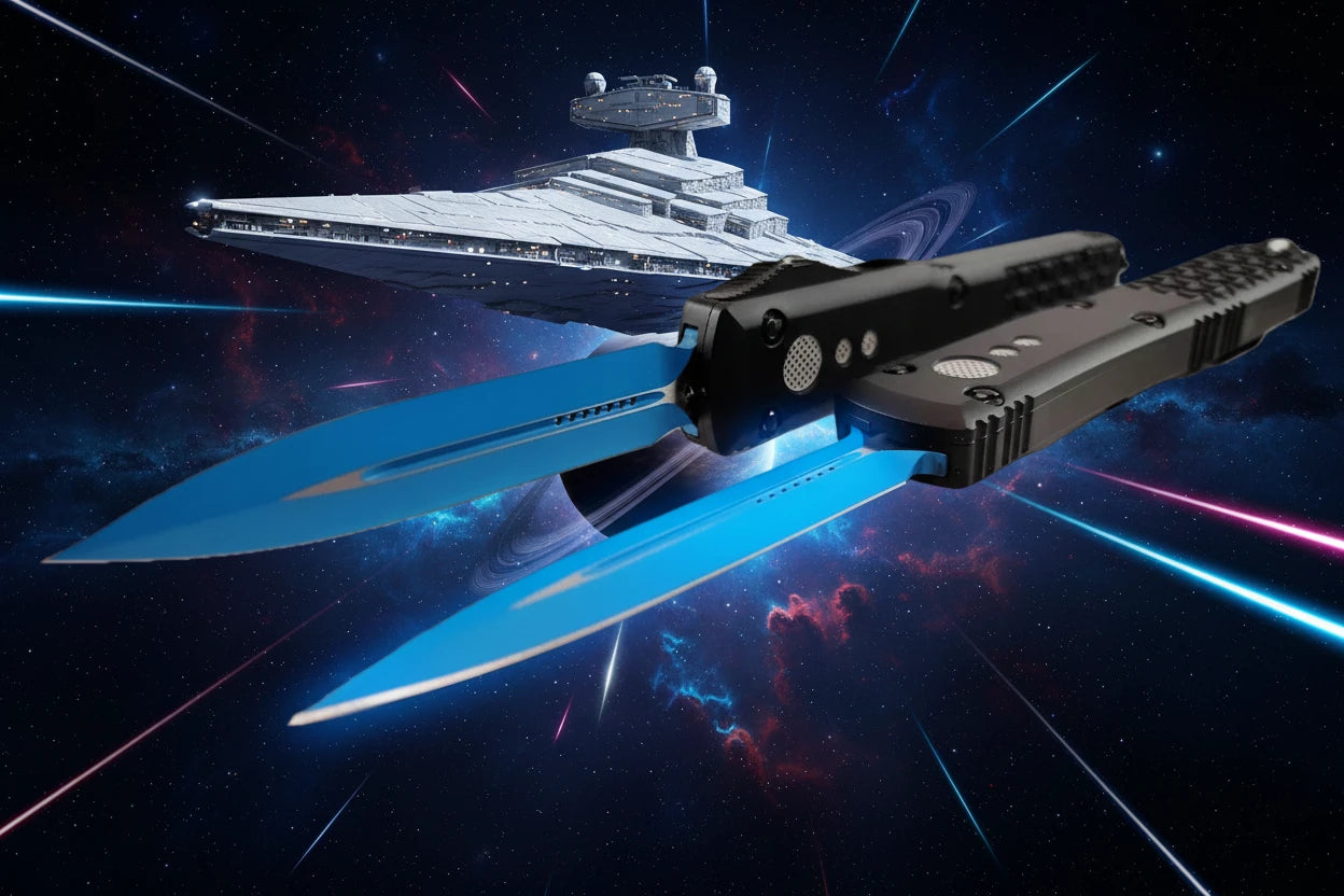 Tactical knife with blue blades on a galaxy background