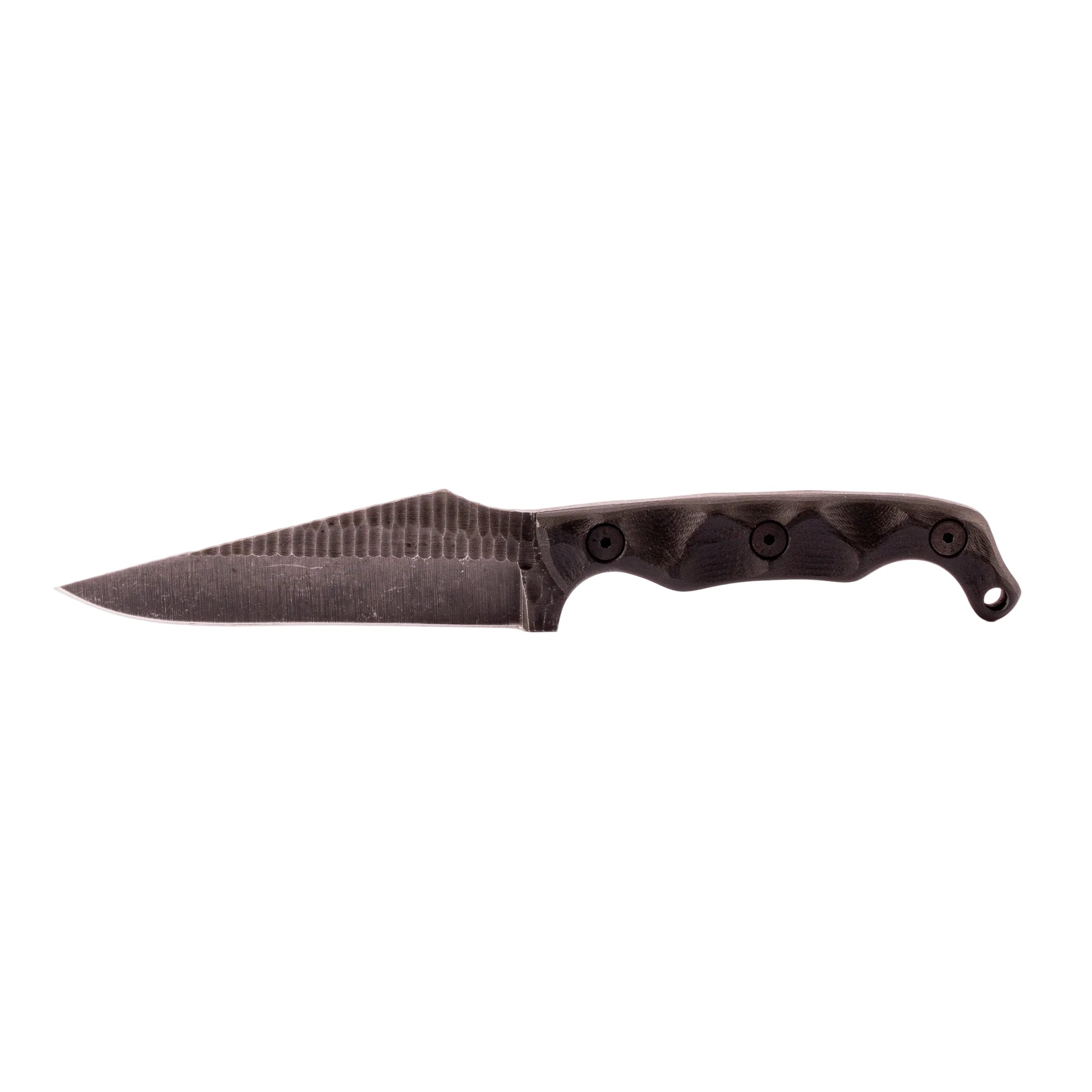 Black knife with a textured handle on a white background