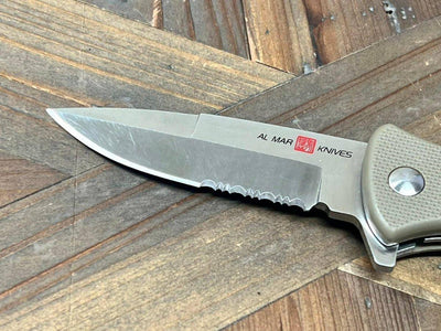 Al Mar Mini SERE 2020 Assisted Flipper Knife 3" 8Cr13MoV Satin Combo Talon Drop Point, Coyote Tan Handles - NORTH RIVER OUTDOORS