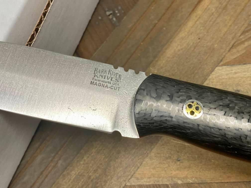 Bark River Bushcraft Scout Knife MagnaCut Carbon Fiber Red Liners Mosaic Pins (USA) - NORTH RIVER OUTDOORS