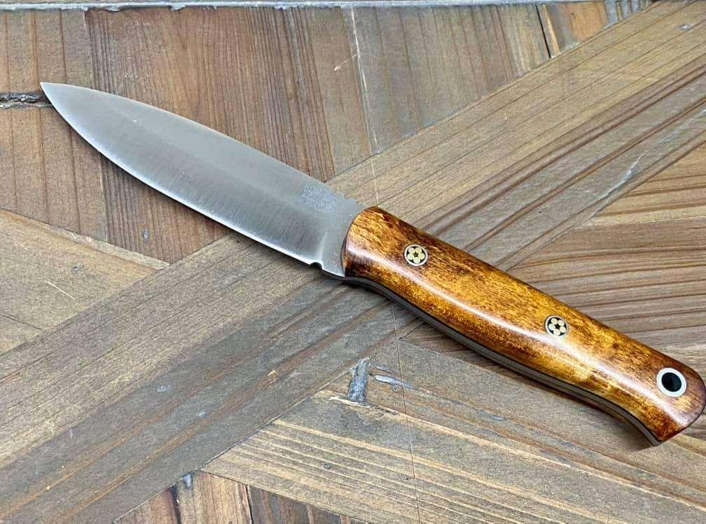Bark River Bushcraft Scout Knife MagnaCut Dark Curly Maple Brass Mosaic Pins (USA) - NORTH RIVER OUTDOORS