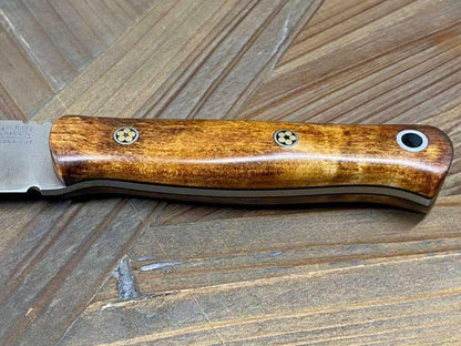 Bark River Bushcraft Scout Knife MagnaCut Dark Curly Maple Brass Mosaic Pins (USA) - NORTH RIVER OUTDOORS