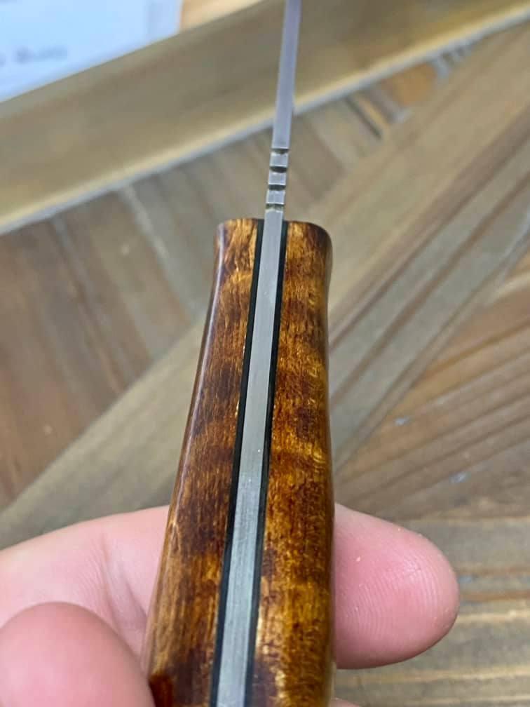 Bark River Bushcraft Scout Knife MagnaCut Dark Curly Maple Brass Mosaic Pins (USA) - NORTH RIVER OUTDOORS