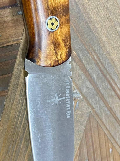 Bark River Bushcraft Scout Knife MagnaCut Dark Curly Maple Brass Mosaic Pins (USA) - NORTH RIVER OUTDOORS