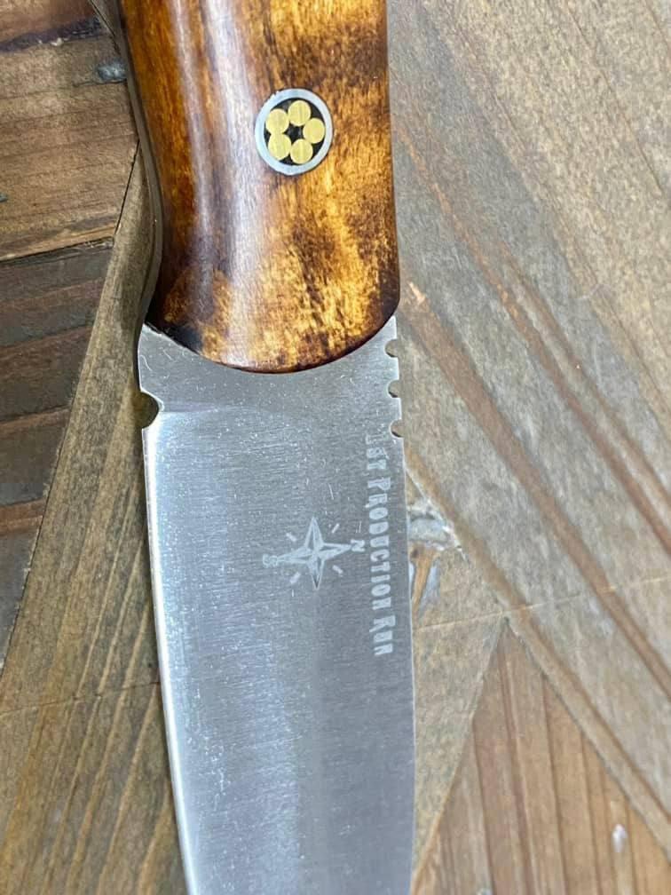 Bark River Bushcraft Scout Knife MagnaCut Dark Curly Maple Brass Mosaic Pins (USA) - NORTH RIVER OUTDOORS