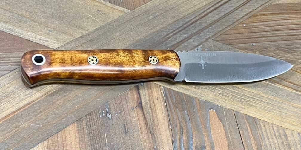 Bark River Bushcraft Scout Knife MagnaCut Dark Curly Maple Brass Mosaic Pins (USA) - NORTH RIVER OUTDOORS