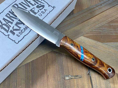 Bark River Bushcraft Scout Knife MagnaCut Desert Ironwood Burl Turquoise Spacer Mosaic Pins (USA) - NORTH RIVER OUTDOORS