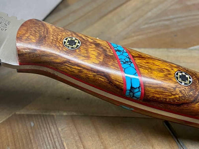 Bark River Bushcraft Scout Knife MagnaCut Desert Ironwood Burl Turquoise Spacer Mosaic Pins (USA) - NORTH RIVER OUTDOORS
