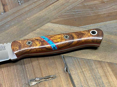 Bark River Bushcraft Scout Knife MagnaCut Desert Ironwood Burl Turquoise Spacer Mosaic Pins (USA) - NORTH RIVER OUTDOORS