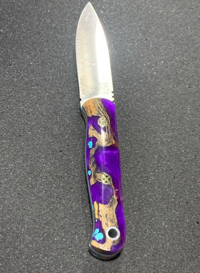 Bark River Bushcraft Scout Knife MagnaCut Purple Cholla Cactus with Turquoise Handles Sea Blue Liners Mosaic Pins (USA) - NORTH RIVER OUTDOORS
