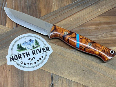 Bark River Gunny Scandi CPM 3V Desert Ironwood Burl, Turquoise Spacer, Red Liners, Mosaic Pins - NORTH RIVER OUTDOORS